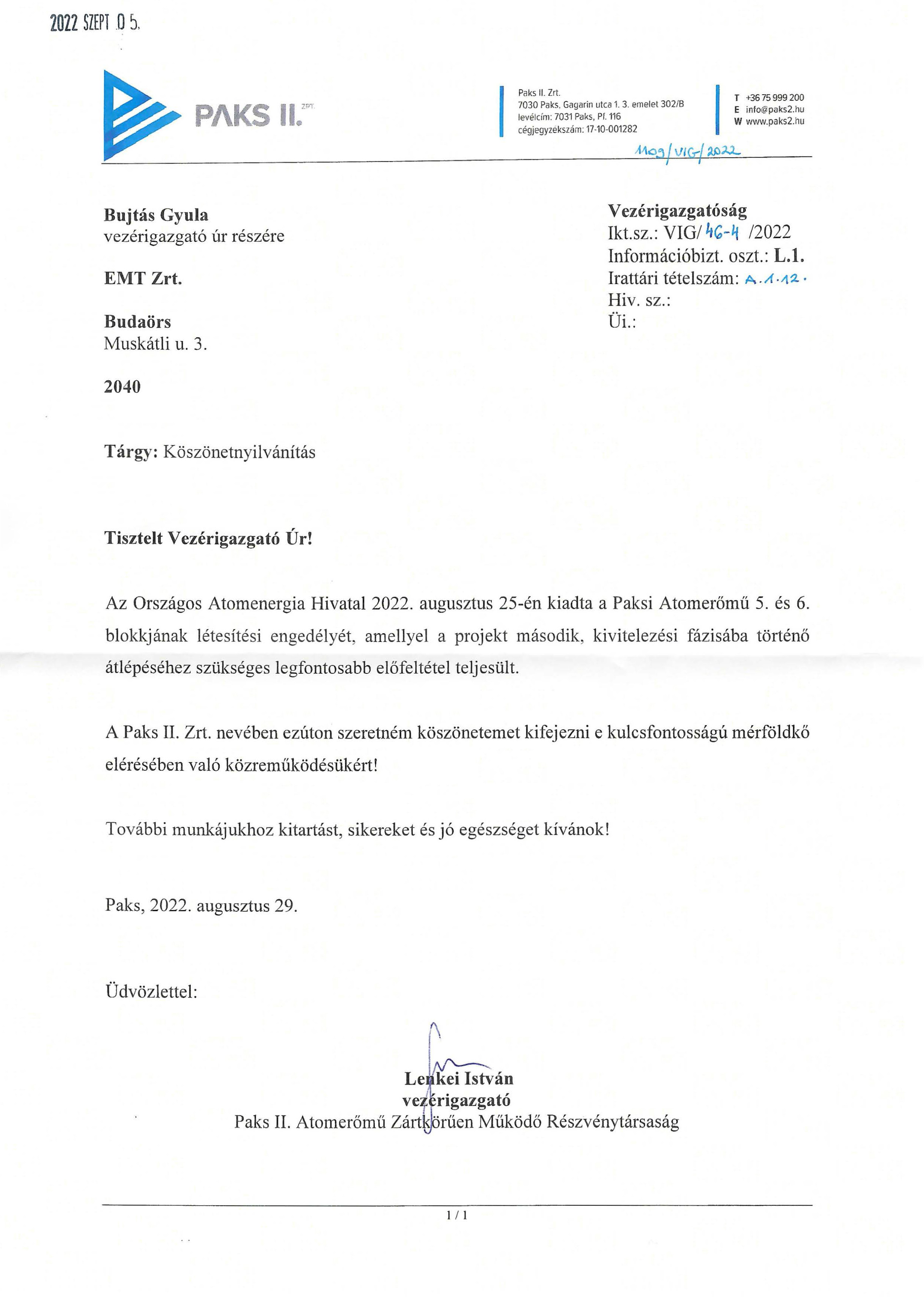 Paks II Zrt. koszonetnyilvanitas